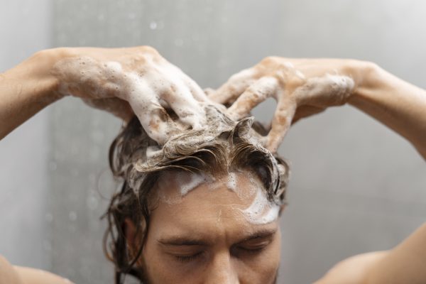 man giving himself scalp massage -