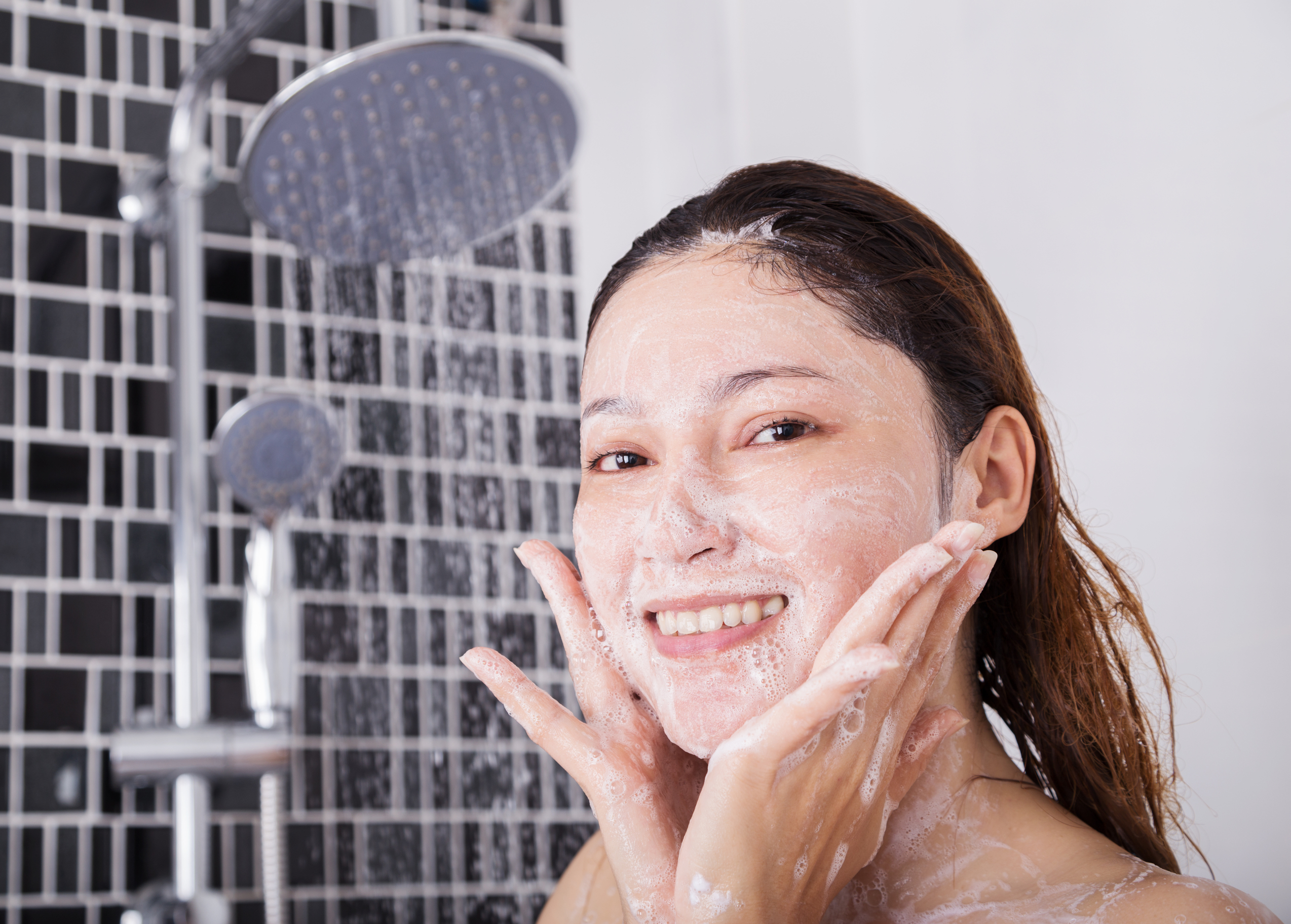 portrait smiling woman bathroom -