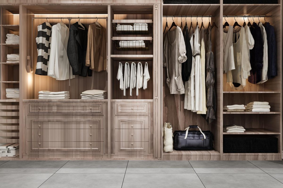 3d rendering minimal scandinavian wood walk closet with wardrobe -