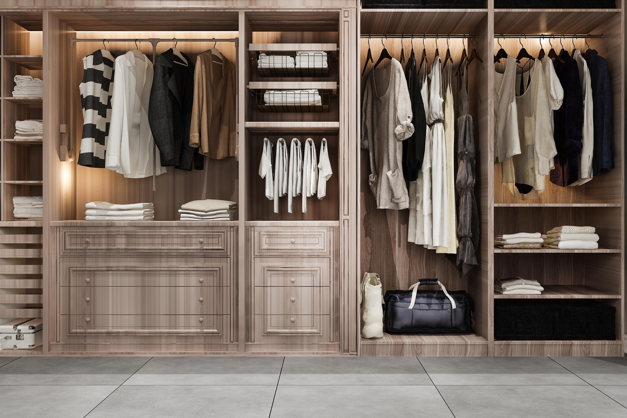 3d rendering minimal scandinavian wood walk closet with wardrobe -