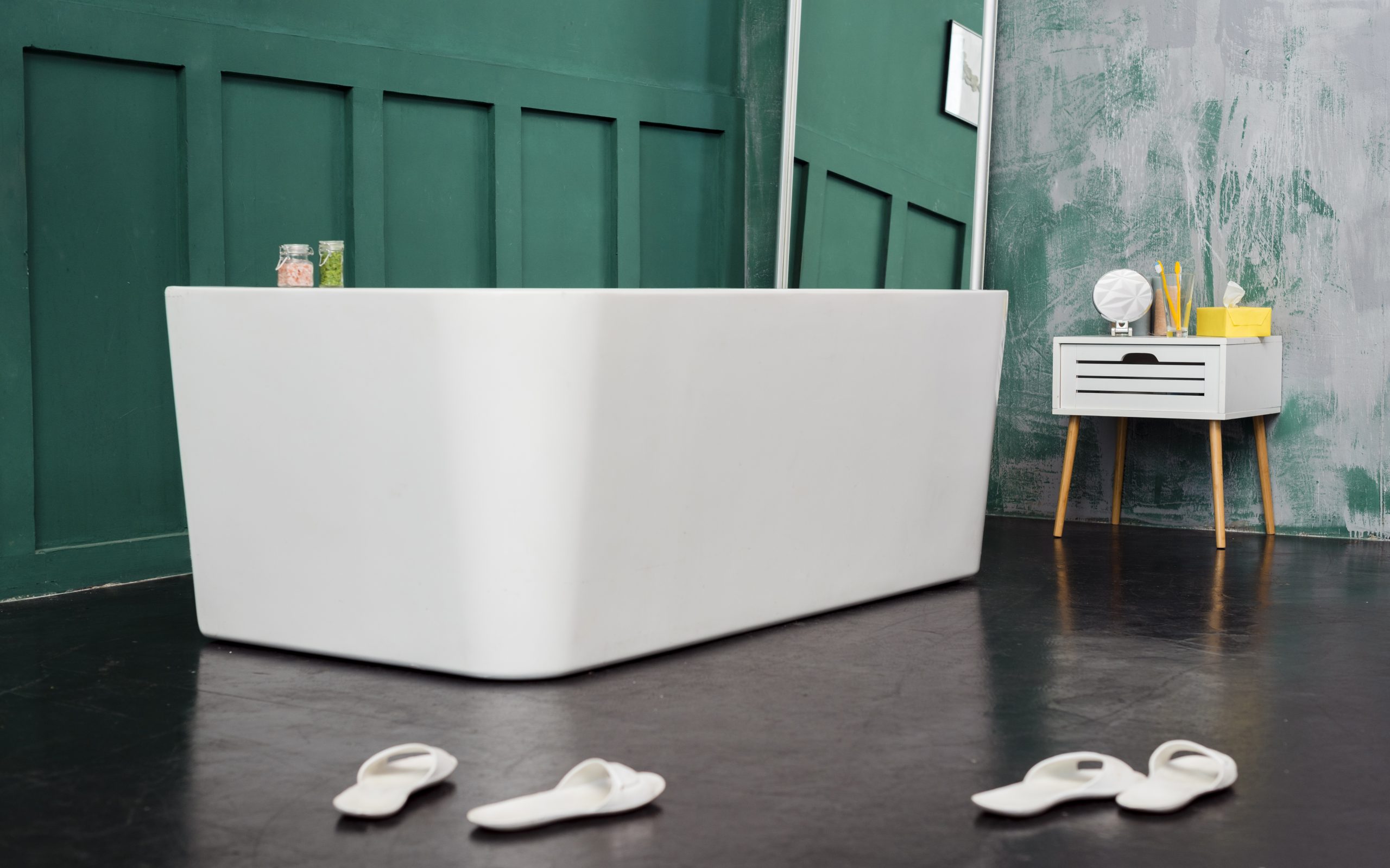 front view bathroom with mirror slippers scaled -