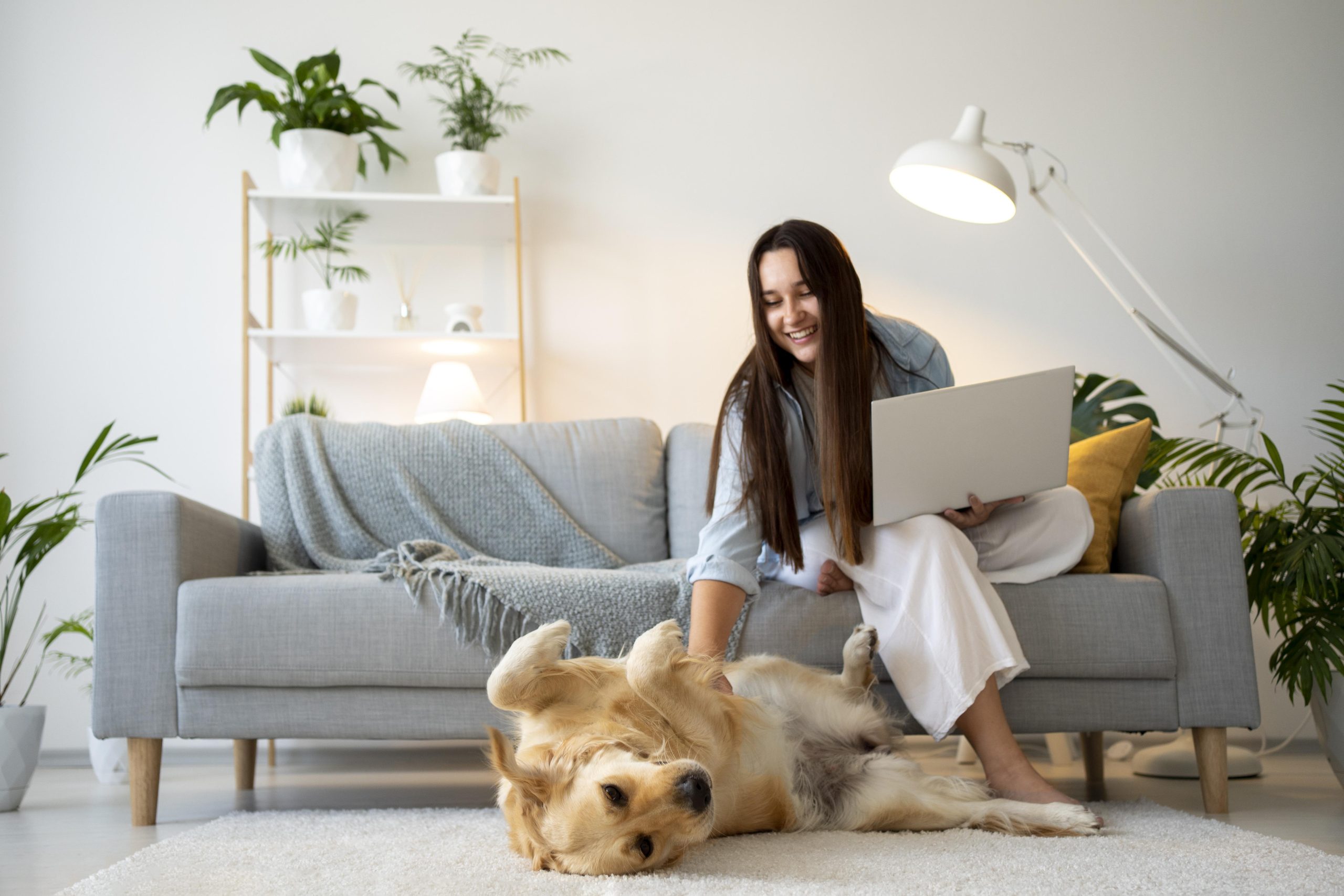 full shot woman working with cute dog scaled -