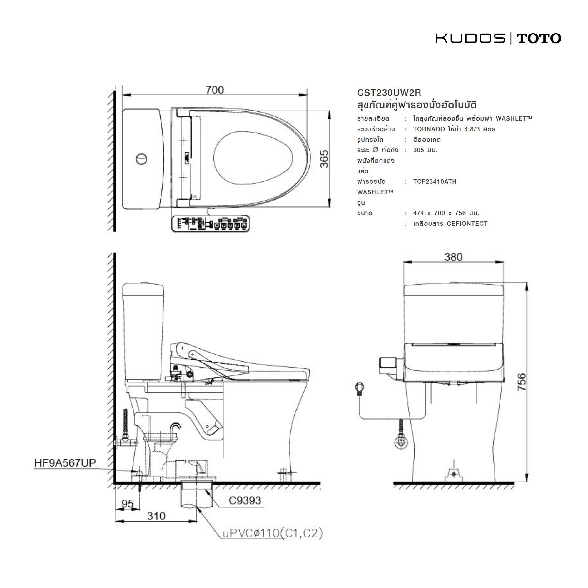 TOTO Close Coupled Toilet Set (ชุดสุขภัณฑ์สองชิ้นพร้อมฝาอัตโนมัติและอุปกรณ์ครบเซ็ต) - Image 3